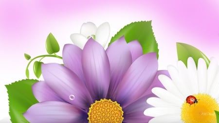 Summers Soft Side - summer, pink, soft, flowers, spring, ladybug, leaves, gerbera, chamomile, pastel, lavender, floral, daisy