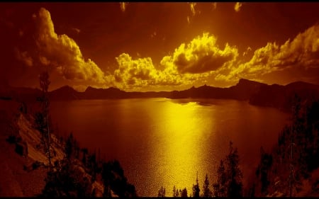 NATURE is GOLDEN - photoshop, clouds, lake, trees