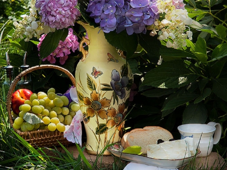 garden breakfast - flowers, nature, garden, breakfast, fruits, teacup, still life