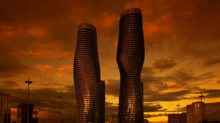 modern architecture in mississauga ontario - architecture, dusk, modern, clouds, buildings