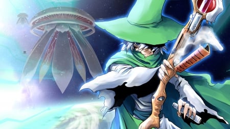 Young Merlin - scifi, merlin, wizard, anime, ufo, space ship, staff, manga