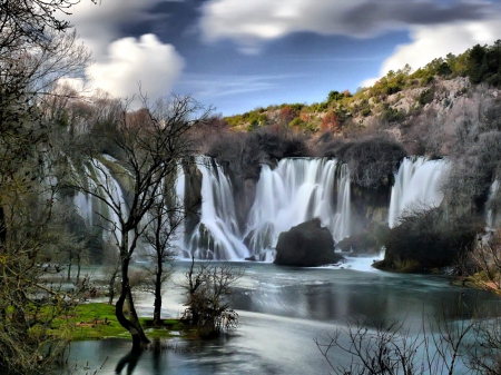 Kravice Waterfalls, Bosnia - nature, trees, waterfall, clouds