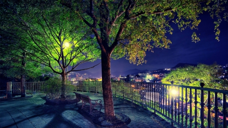 amazing park overlooking a city - trees, coty, lights, bench, night, fence, park