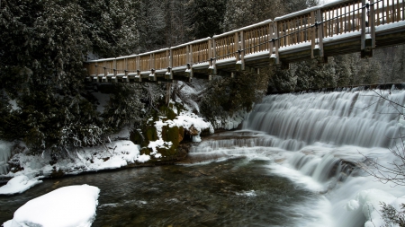 lovely pedestrian bridge over waterfall in winter - river, winter, waterfall, forest, bridge