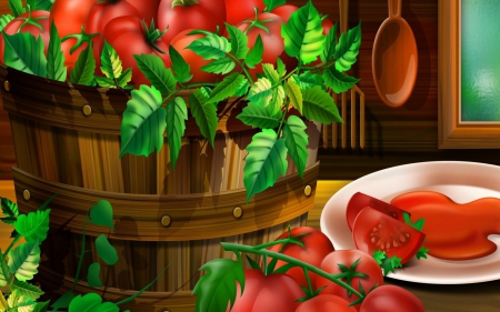 Tomatoes - spoon, vector, vegetable, tomatoes, basket, summer, white, brown, red, green, food, plate