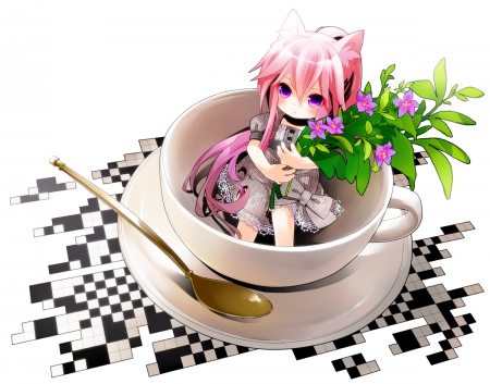 Chibi in the Cup - flower, cute, anime girl, adorable, cup, girl, huge, tiny, pink hair, small, floral, pretty, kawaii, sweet, anime, long hair, big, giant, nice, lovely, spoon, chibi, mini, female