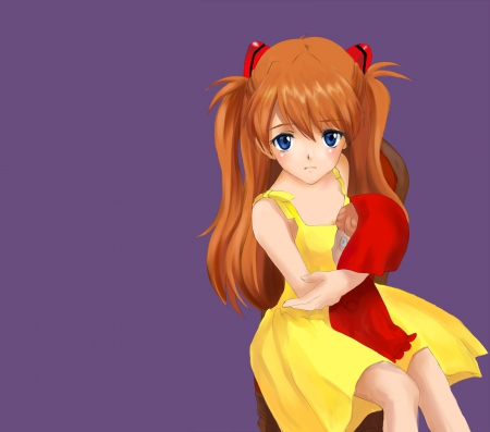 Asuka Langley Soryu - neon genesis evengelion, anime, kawaii, female, neon, asuka, dress, long hair, doll, sad, plain, hd, chibi, gown, anime girl, Asuka Langley Soryu, girl, simple, evangelion, genesis, cute, adorable, eva, orange hair