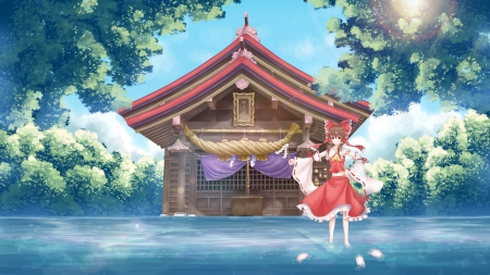 Flooded Shrine - nice, beauty, hot, water, flood, anime girl, brown hair, touhou, home, pretty, anime, reimu, house, cute, scene, sexy, building, hakurei, scenic, landscape, girl, long hair, wet, hakurei reimu, gown, lovely, beautiful, shrine, scenery, sweet, femaqle, dress