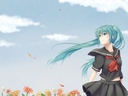 Hatsune Miku - hot, anime girl, wind, petals, hatsune miku, sexy, skirt, long hair, vocaloids, floral, vocaloid, sweet, nice, sky, female, twintail, windy, pretty, cloud, anime, blouse, miku, twin tail, cute, girl, twintails, lovely, hatsune, green eyes, twin tails, breeze, green hair, flower