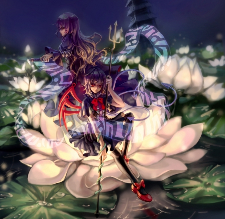 Giant Lotus - female, hot, creepy, water, anime girl, gloom, touhou, giant, lily, dark, anime, pond, cute, sexy, gloomy, girl, light, glow, lotus, houjuu nue, floral, water lily, lily pad, big, hijiri byakuren, huge, flower