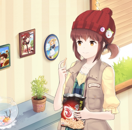 Prawn Crackers - pretty, anime, kawaii, delicious, female, food, maiden, photo, short hair, nice, vase, brown eyes, pot, snack, anime girl, cracker, frame, hungry, beautiful, girl, beauty, lovely, brown hair, sweet, lady, picture, cute