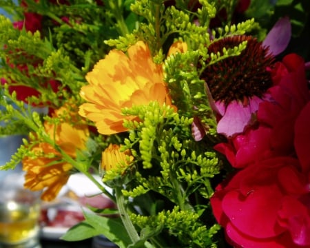 Summer bouquet - flowers, colorful, yellow, red flowers colors, purple, red, green, bouquet