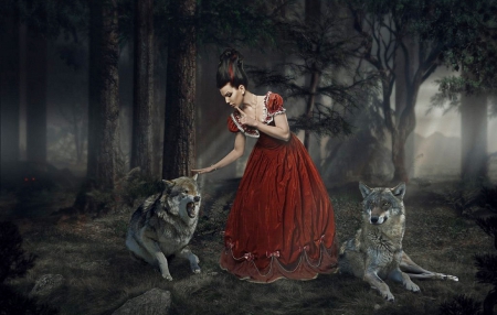 Woman And Her Pets - trees, fantasy, woman, night, forest, woleves