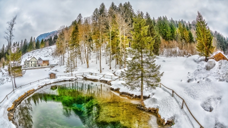 wonderful lake side lodge in winter - lake, forest, mountains, winter, fence, lodge