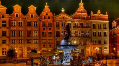 poseidon fountain in gdansk city square - square, fountain, city, night, statue