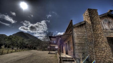 high noon in a western town hdr - street, town, hdr, western, mountain, sun