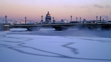 st isaacs cathedral at a frozen neva river - river, frozen, cathedral, city, bridge