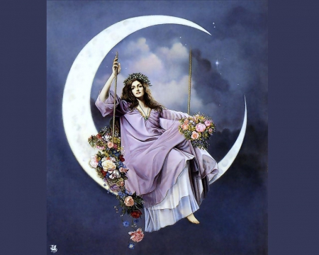 Sitting On The Moon - woman, moon, clouds, swing, flowers, fantasy