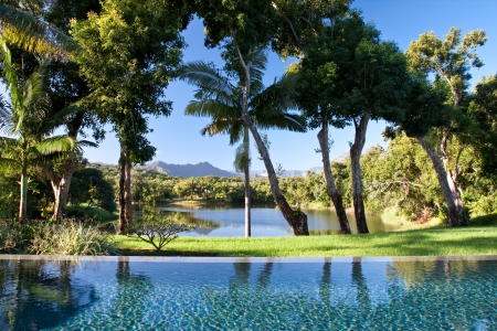 Beautiful Garden with Lake View and Swimming Pool - Kauai Hawaii - pacific, water, kauai, design, hawaii, contemporary, polynesia, view, home, house, garden, lake, vista, swimming, tropical, gardens, luxury, beautiful, pool