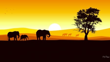 Elephant Walk - sky, gnu, wildabeests, sunset, gold, wildebeest, bright, elephants, yellow, cattle, wild, afraica, tree