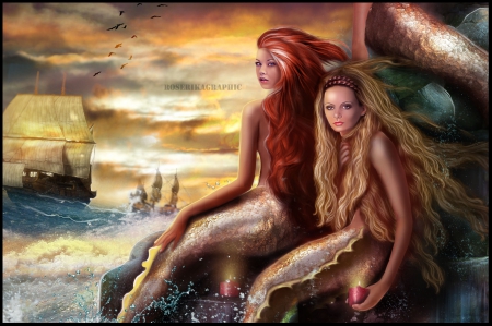 âœ«Les Sirenesâœ« - photomanipulation, girls, sky, models, redhead, female, redhair, les sirenes, flying birds, fantasy, rocks, creative pre-made, blond hair, candlelights, digital art, softness beauty, mermaids, boats, sirens body, beautiful girls, weird things people wear, backgrounds