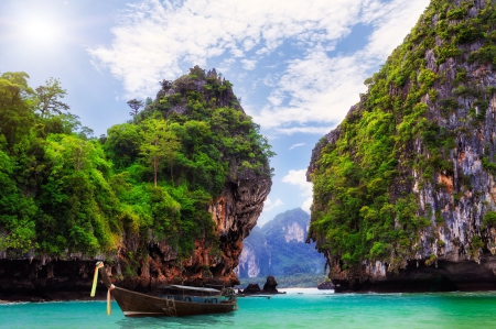 Krabi Beach, Thailand - water, boat, cliff, plants, sea, rocks