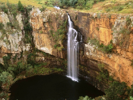 Sabie Waterfall, Transvaal, South Africa - cliff, river, reflection, rocks