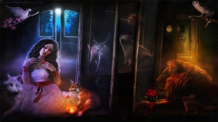 ✫Vivarium✫ - creative pre-made, fox, dove, butterflies, wolf, photomanipulation, flowers, beautiful girls, conceptual, Vivarium, lion, rabbit, softness beauty, backgrounds, digital art, weird things people wear, lantern, girls, owl, bear, deer, model, rose, squirrel, animals