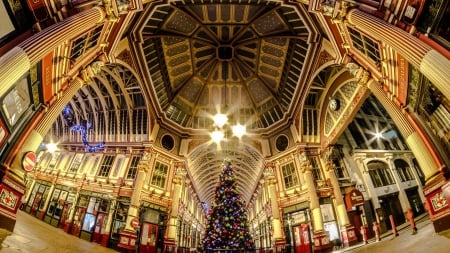 london street at christmas in fish eye - mall, fish eye, street, stores, christmas