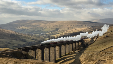 wonderful steam train over ancient bridge - train, chasm, clouds, steam, mountains, bridge