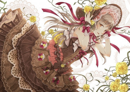 ~Beauty & Yellow Roses~ - yellow roses, pretty, flowers, gray hair, anime, girl, ribbons, dress