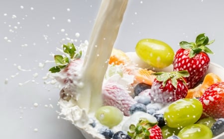 * Fresh fruit with milk poured as a symbol of healthy breakfast * - food, milk, fruits, healthy