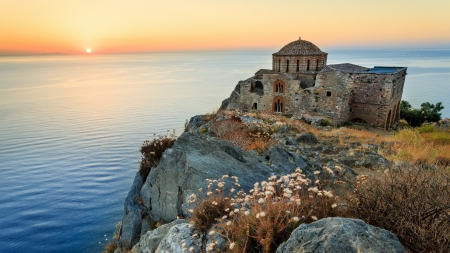 church ruins on a greek island at sunset - sunset, island, sea, church, ruins