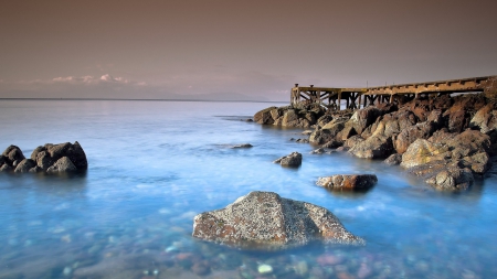 old rocky sea wharf - horizon, wharf, mist, sea, rocks