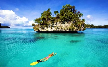 Galapagos Islands - trees, girl, cliff, clouds, diving, sea