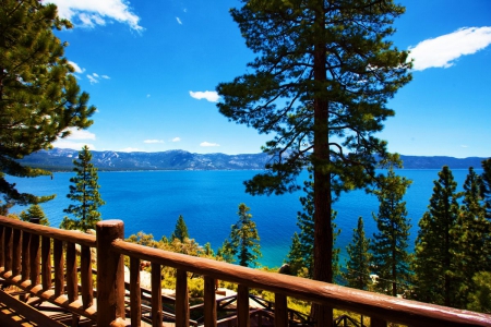 Lake Tahoe, Nevada Side - water, fence, sky, trees