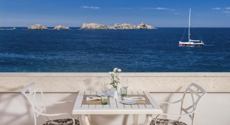 View on the Sea - sea, table for two, nature, terrace view