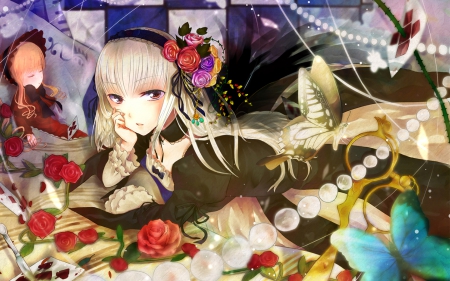 Rozen Maiden - Manga, Suigintou, Anime Girl, Head Band, Dress, Lovely, Gothic, Anime, Dark, Rozen, Laying, Grey Hair, Serious, Emotional, HeadBand, Silver Hair, Gray Hair, Amazing, Awesome, Rozen Maiden, Beautiful, Pretty, Lying, Gorgeous, Black Dress, Creepy, Sexy