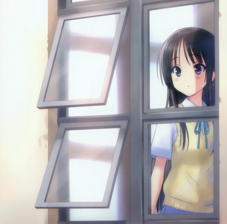 Through the Window - nice, beauty, female, anime girl, black hair, k on, mio, pretty, k-on, window, mio akiyama, anime, cute, girl, long hair, lovely, hd, kawaii, beautiful, kon, sweet, akiyama mio