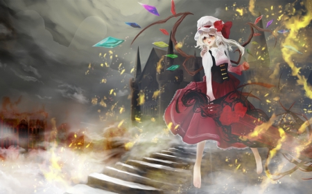 Touhou - Manga, Anime Girl, Dress, Smile, Lovely, Gothic, Anime, Scarlet, Dark, Serious, Emotional, Flandre, Red Dress, Hat, Amazing, Awesome, Wings, Beautiful, Pretty, Sinister, Magic, Gorgeous, Creepy, Touhou, Magical, Sword