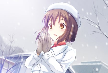 I'm Freezing - pretty, anime, kawaii, female, snow, short hair, freeze, nice, brown eyes, anime girl, winter, girl, lovely, brown hair, sweet, cold, cute