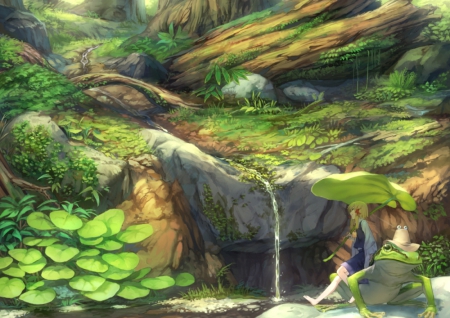 Little Stream - anime, kawaii, female, scenery, landscape, scene, stream, forest, plant, warter, touhou, hd, frog, anime girl, realistic, Moriya Suwako, beautiful, hot, girl, scenic, beauty, tree, cg, river, nature, waterfall, cute, adorable, 3d, sexy