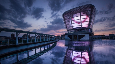 giant baseball in a taiwanese power plant - power plant, dusk, baseball, pond