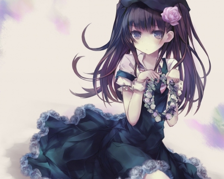 Anime Girl - flowers, anime girl, kawaii, cute, long hair, art, pruple