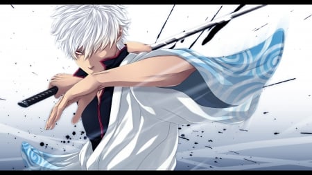 Gintama - gintama, katana, anime, anie boy, sword, kimono, white hair