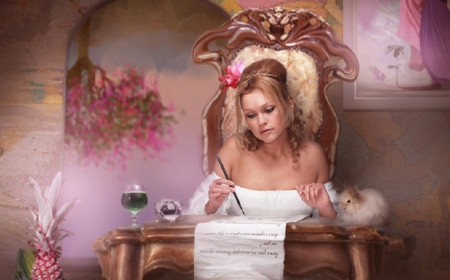 The Last Love Letter - writing letter, beautiful, serene, girl, pink, fantasy, digital, woman, art, wallpaper