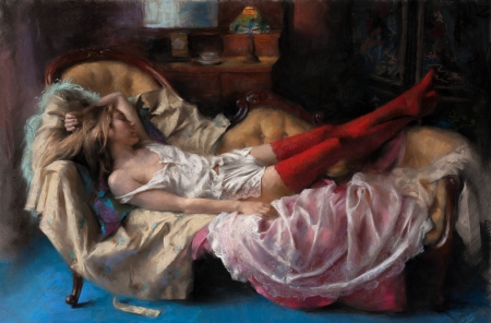 Siesta Time - wallpaper, digital, beautiful, girl, sleeping, art, serene, siesta, fantasy, relaxing, painting, woman