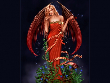 RED WINGED FAIRY - WINGS, DRESS, FAIRY, FEMALE, RED, FLOWERS