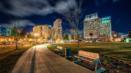 lovely ruocco park in san diego at night hdr - benches, clouds, night, city, park, hdr, lights