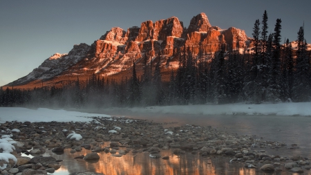 gorgeous landscape on a winter morning - mist, eiver, morning, forest, stones, muntain